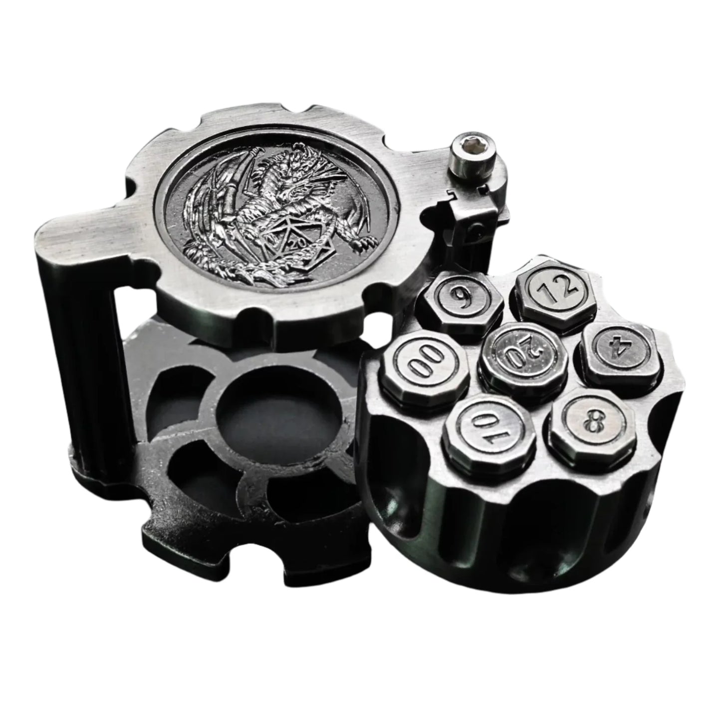 Hexchamber | Ancient Silver | Bullet Dice Set with Spinning Revolver Case