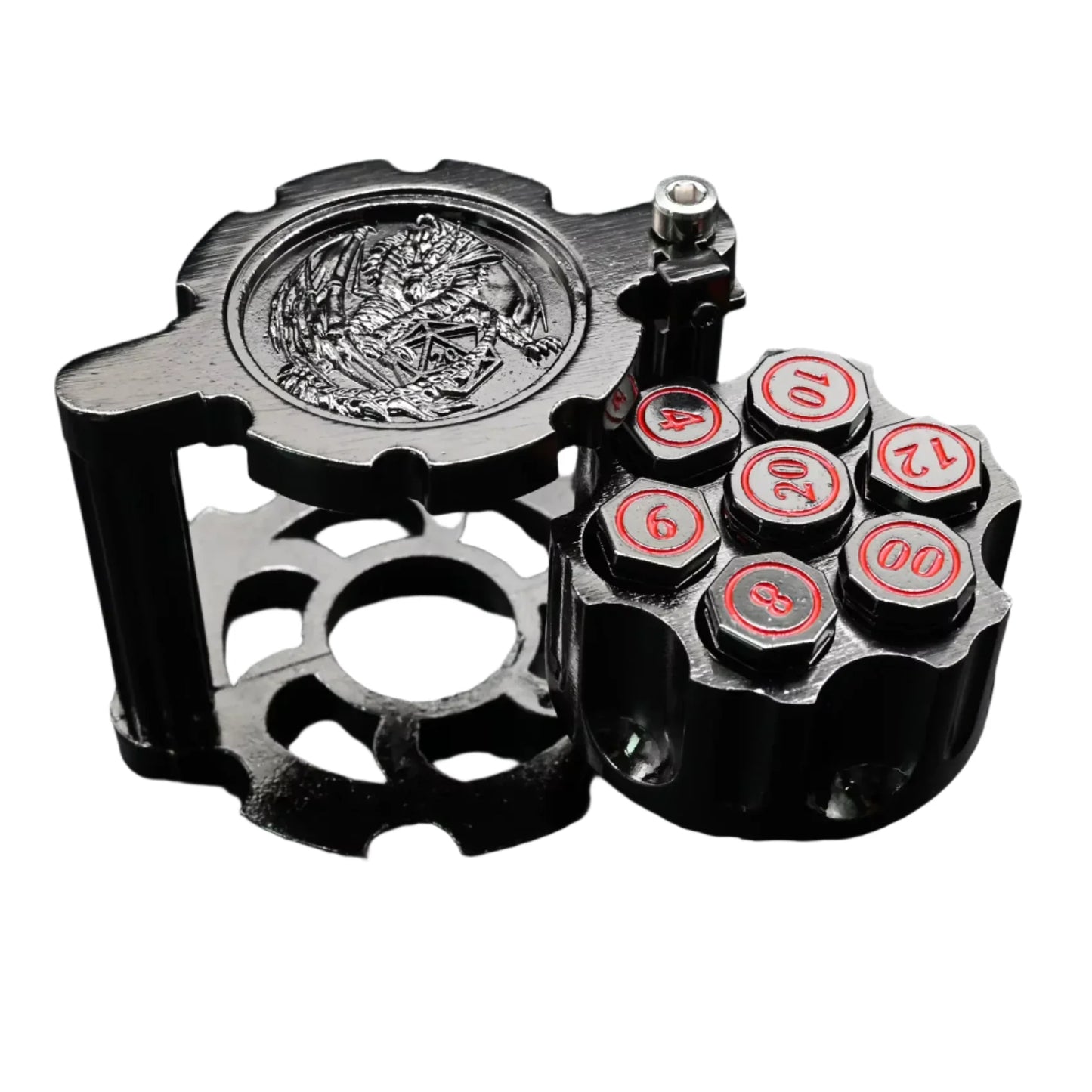 Hexchamber | Black Red | Bullet Dice Set with Spinning Revolver Case